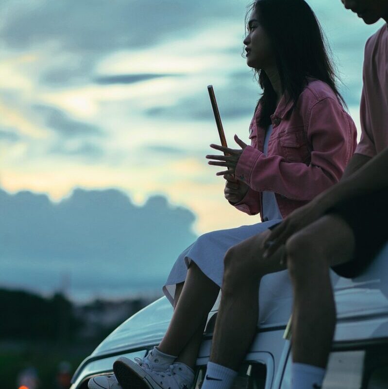 couple, van, nature, sundown, field, camper, sunset